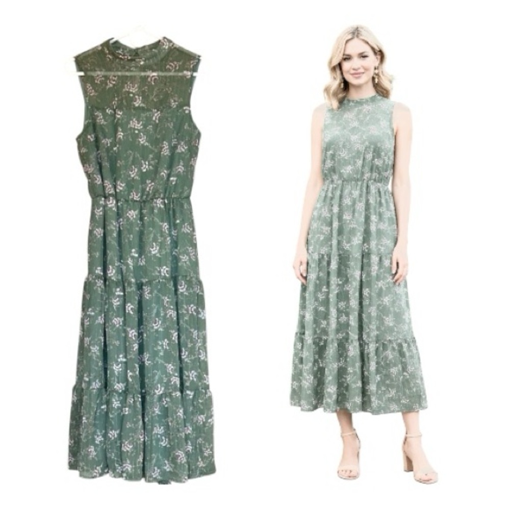 NEW Lush Sleeveless Tiered Midi Dress in Sage Floral Metallic Sz L